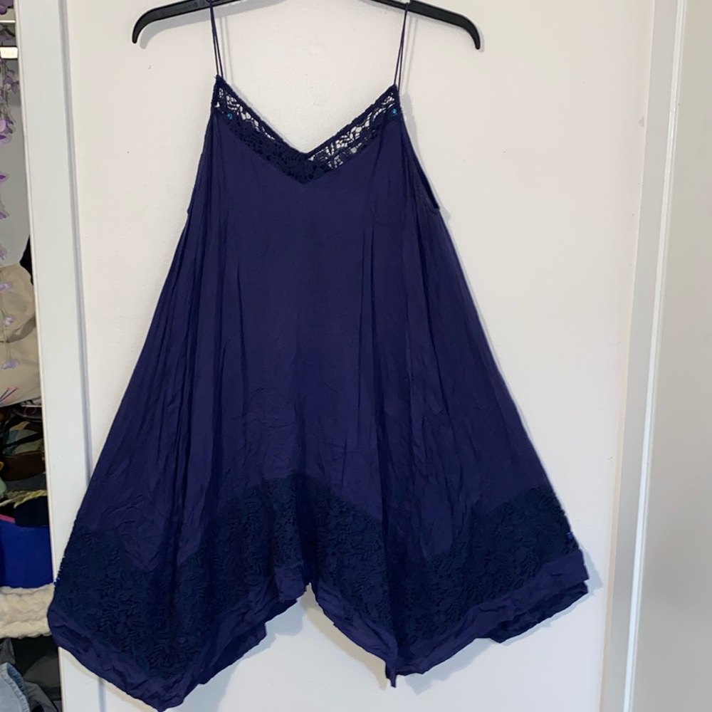 Large navy blue asymmetrical dress with paisley stitching